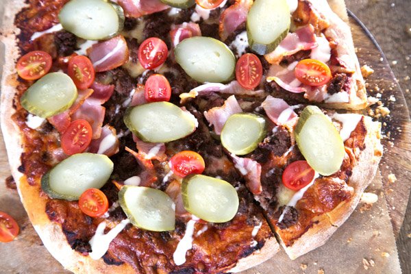 Cheeseburger Pizza with Pickles, Cherry Tomatoes & Mayo