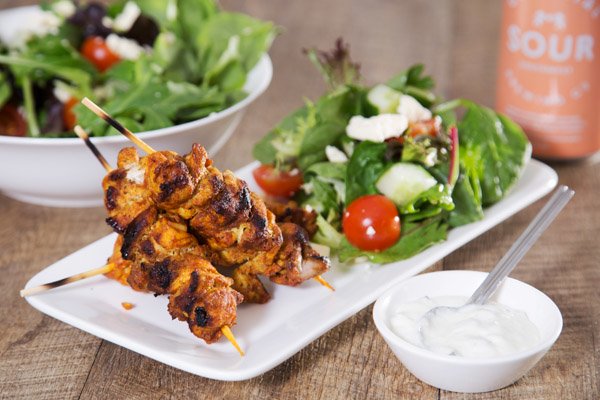 Chicken Shawarma Skewers with Salad & Tzatziki