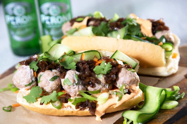 Pork Banh Mi with Sriracha Mayo and Shallot Jam