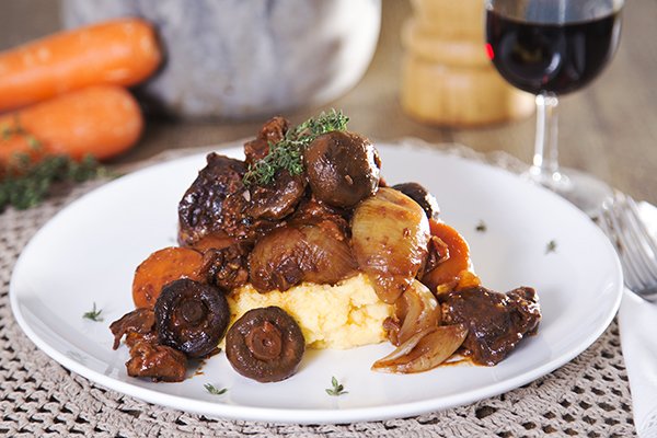 Slow Cooked Beef Bourguignon with Minute Polenta