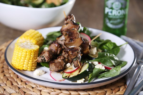 Barbequed Lamb Skewers & Corn with Fetta, Zucchini & Spinach