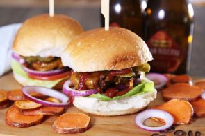 Beef Hamburgers with Cheese, Pickles & Roasted Sweet Potato Rounds