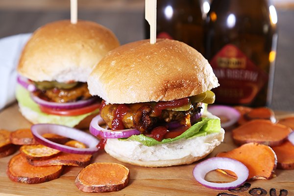 Beef Hamburgers with Cheese, Pickles & Roasted Sweet Potato Rounds