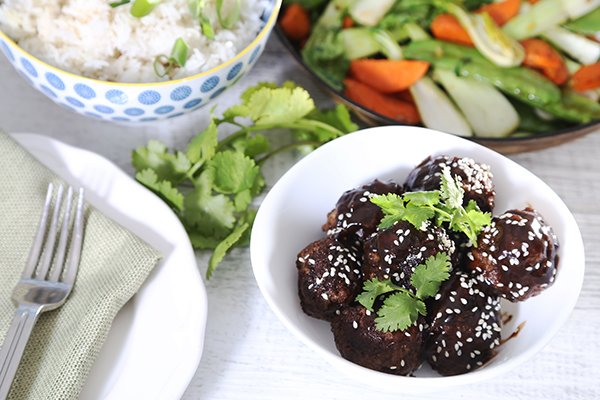 Beef Meatballs with Chinese Five Spice, Stir Fried Vegetables & Jasmine Rice