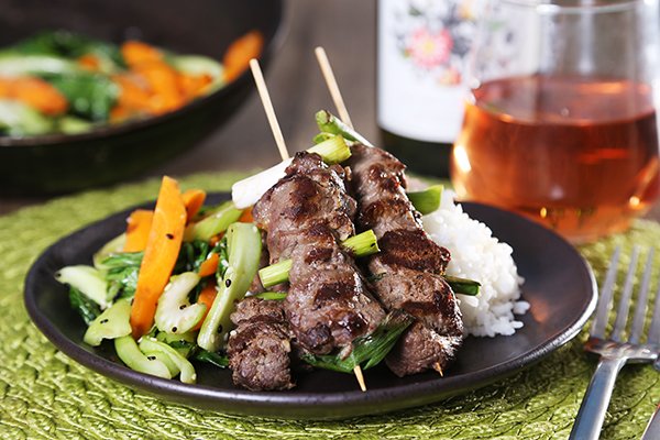 Garlic & Soy Venison Skewers with Rice & Crunchy Veg