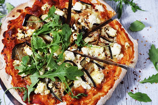 Grilled Eggplant & Ricotta Pizza with Balsamic Rocket & Gremolata