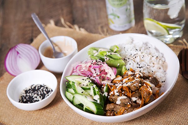 Japanese Inspired Ginger Beef Bowl with Pickled Red Onion & Tonkatsu Mayo