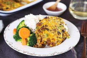 Lamb Bobotie with Rice & Mango Chutney served with Broccoli & Carrots