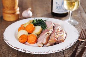 Lamb Roast with Creamed Spinach, Twice Cooked Buttered Potatoes & Carrots