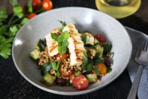 Lentil Tabbouleh with Grilled Haloumi, Lemon, Olives & Mint