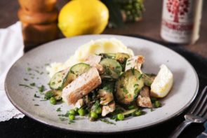 Pork Piccata with Zucchini & Peas Served with Creamy Mash