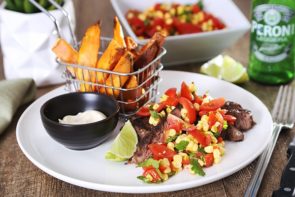 Tex Mex Porterhouse Steak with Sweet Corn Salsa, Sweet Potato Wedges & Aioli