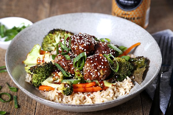 Baked Japanese Meatballs & Brown Rice with Charred Broccoli & Carrot