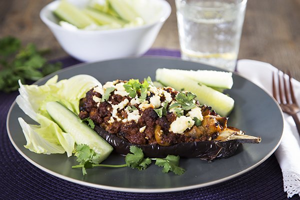 Eggplant with Spiced Lamb, Currants & Fetta