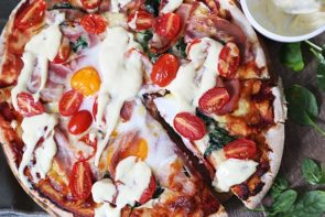 Eggs Benedict Pizza with Hollandaise & Baby Spinach