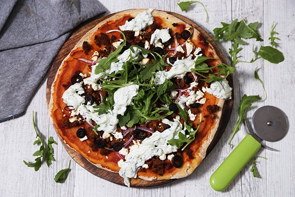 Lamb Souvlaki Pizza with Fresh Tzatziki