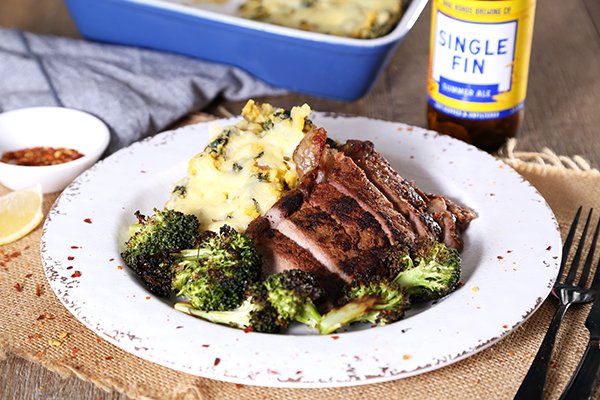 Steak with Cheesy Silverbeet Cornbread with Roasted Broccoli