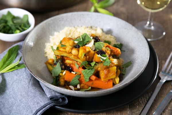 Vegetable Packed Tagine with Almonds, Raisins & Couscous