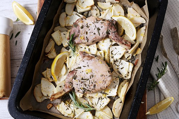 Baked Pork Chops with Celeriac, Apple, Rosemary & Lemon