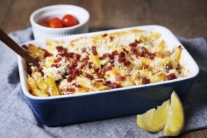 Cheesy Broccoli & Chorizo Pasta Bake with Blistered Cherry Tomatoes