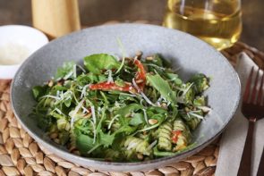 Pea & Basil Pesto Pasta with Pine Nuts, Parmesan, Sundried Tomatoes & Rocket