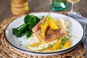 Sumac Salmon with Parsnip Puree, Orange Butter Sauce & Broccolini