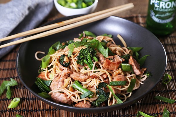 Char Siu Pork with Asian Greens & Walnuts served with Egg Noodles