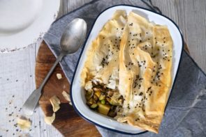 Curried Pork, Potato & Pea Pie with Crunchy Filo Top