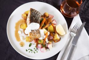 Honey Butter Barramundi with Za'atar Roasted Veg & Yoghurt Sauce