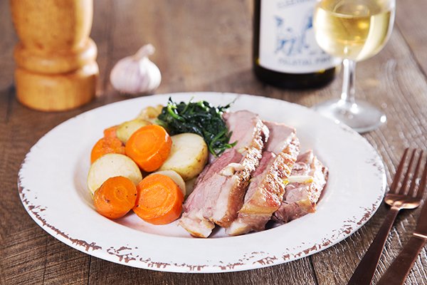 Lamb Roast with Creamed Spinach, Butter Roasted Potatoes & Carrots