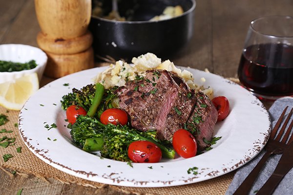 Lamb Steaks with Hummus & Olive Potatoes, and Seared Veg