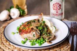 Pork Chops, Creamy Mushroom & Thyme Sauce with Mashed Potato & Peas