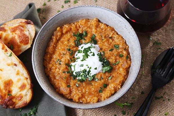 Smokey Red Lentil Soup with Cheesy Grilled Toasts