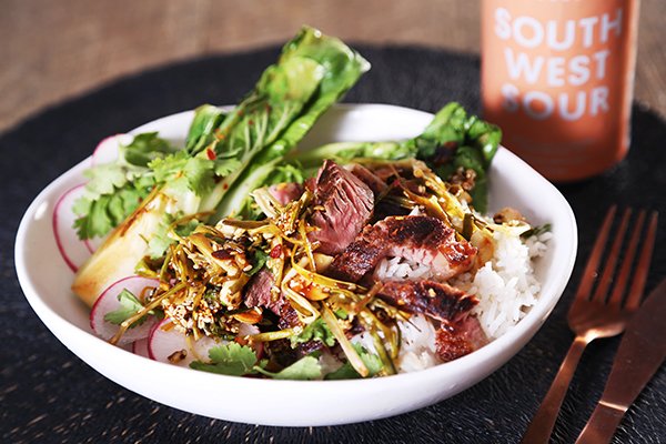 Steak with Sizzled Peanut, Coriander & Spring Onion, and Seared Pak Choy