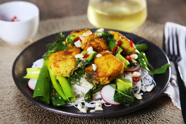 Turmeric Fish with Herbs & Rice Noodles, Pak Choy & Chilli