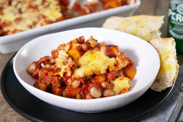 Cheesy Smoked Baked Beans with Pumpkin & Garlicky Ciabatta Toasts