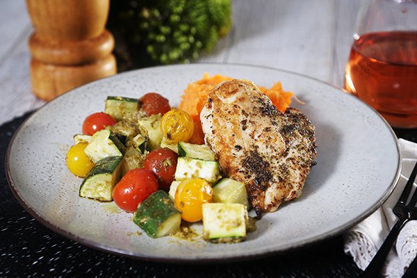 Chicken with Sweet Potato and Pea Mash and Pesto Roasted Veg