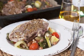 Lamb Tray Roast with Leek, Borlotti Beans, and Whole Grain Mustard