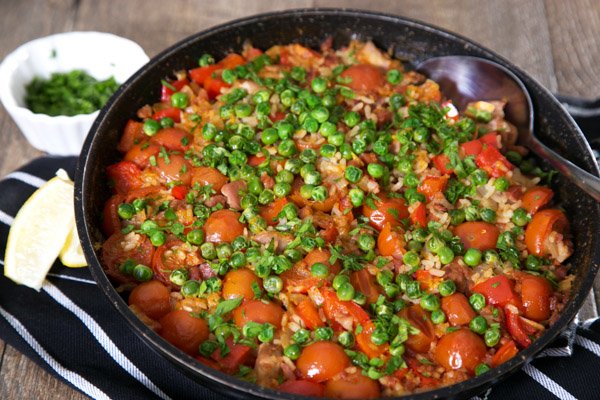 One Pan Chicken & Chorizo Paella Style with Cherry Tomatoes, Peas & Lemon