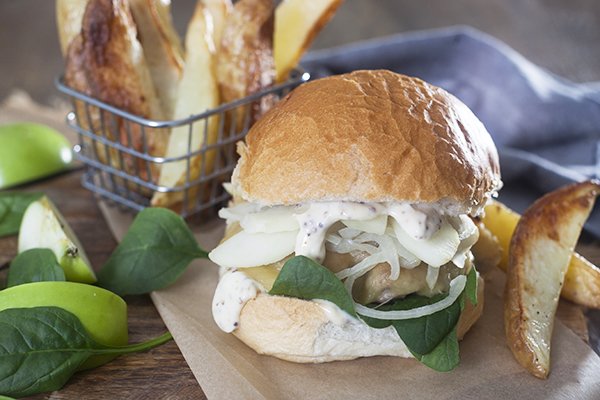 Pork & Apple Burgers with Oven Roasted Potato Wedges