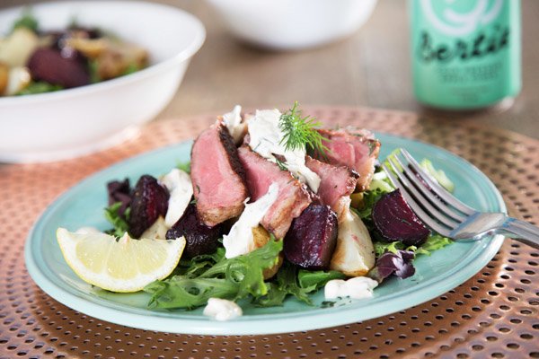 Porterhouse, Roast Beets & Potato with Baby Spinach, Rocket & Horseradish