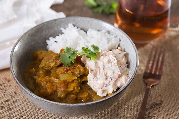 Simple Lamb Curry with Carrot Raita, Sweet Potato & Rice