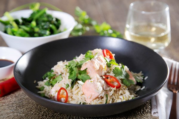 Steamed Salmon & Lemongrass Pilaf with Baby Choy Sum & Sesame Seeds