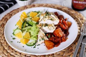 Fetta Crumbed Chicken with Potato Bravas, Cucumber & Orange Salad