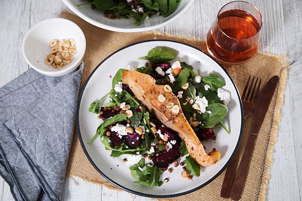 Maple Glazed Salmon with Hazelnuts, Fetta & Baby Beetroot Salad