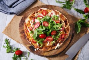 Smoked Chicken Pizza with Fire Roasted Capsicum, Basil & Cherry Tomato