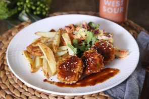Sweet Chilli Turkey Rissoles with Slaw & Fries