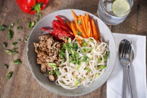 Sweet & Crispy Turkey with Sesame Udon, Sriracha, Ginger and Veg