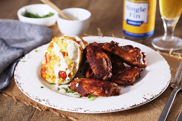 Barbeque Chicken Wings with Stuffed Spuds & Ranch Sauce