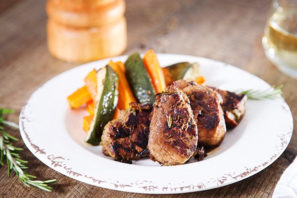 Dijon Pork Medallions with Roasted Carrot and Zucchini Fries